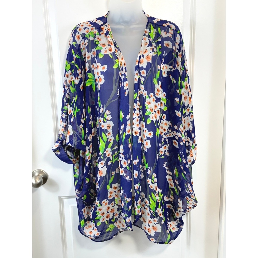Womens L Blue Floral Kimono Cardigan Boho Festival Beach Resort Cover Up Top